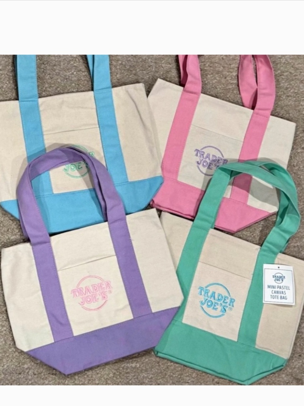 Trader Joe's mini pastel canvas tote bags bundle brand new with tags